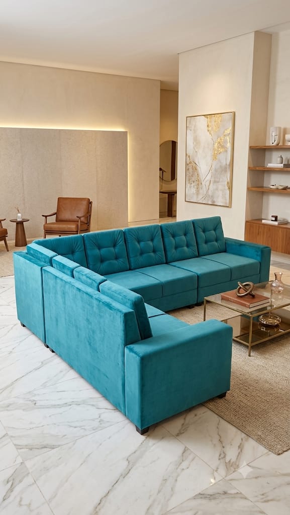 Custom teal sectional sofa made by Sosanya Upholsteries